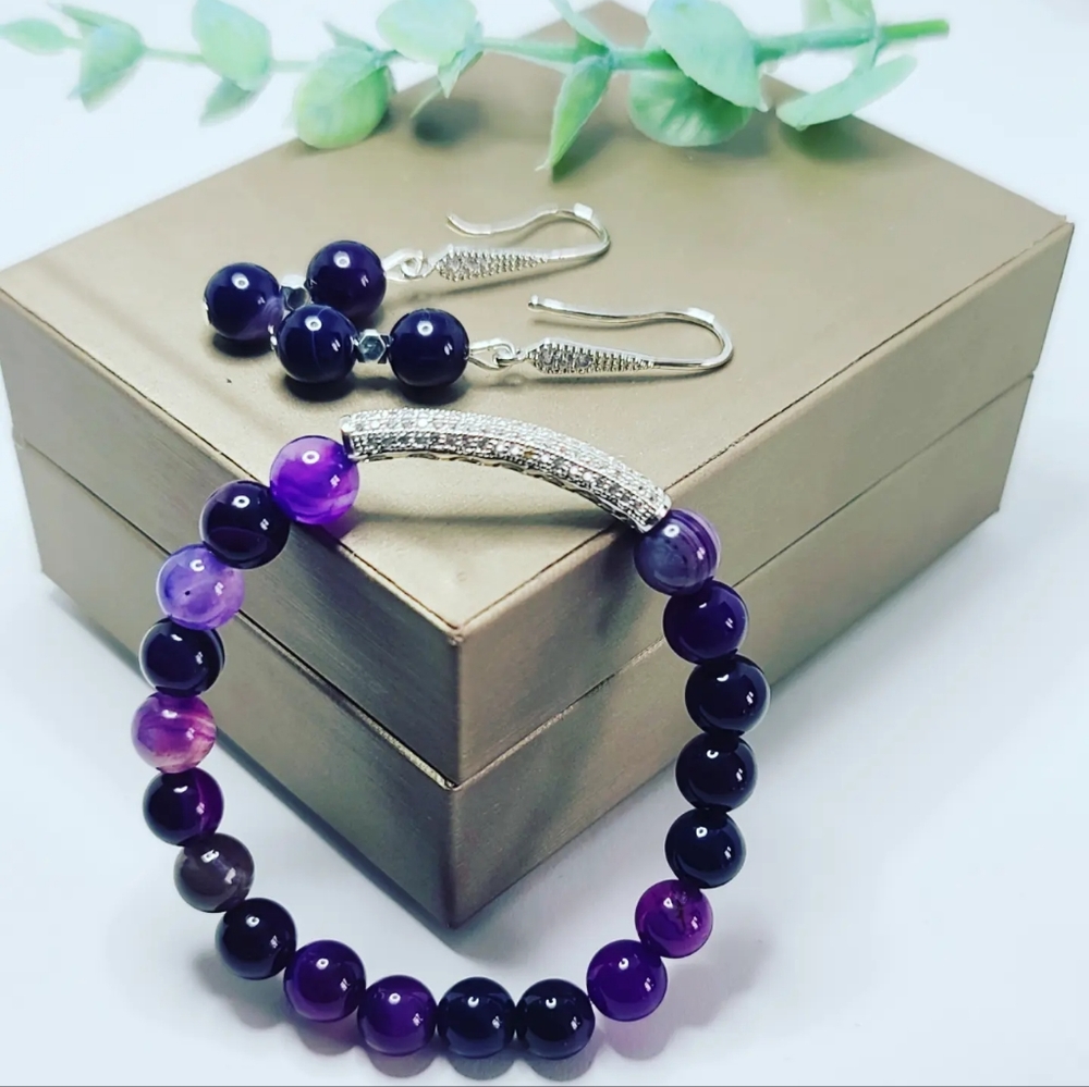 Purple Lace Agate Zirconia bracelet and earrings set